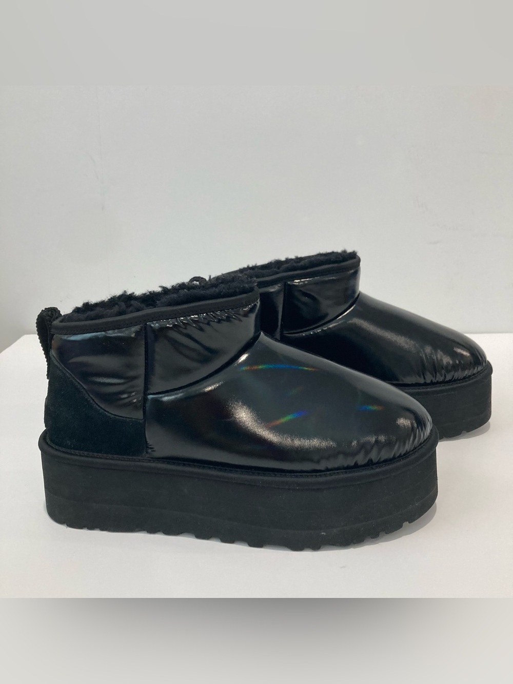 UGG Classic Ultra Mini Platform Black Hi Shine Plush Ankle Boot 1144048